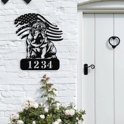 Custom English Bulldog Metal Address Sign – Patriotic American Flag Home Décor