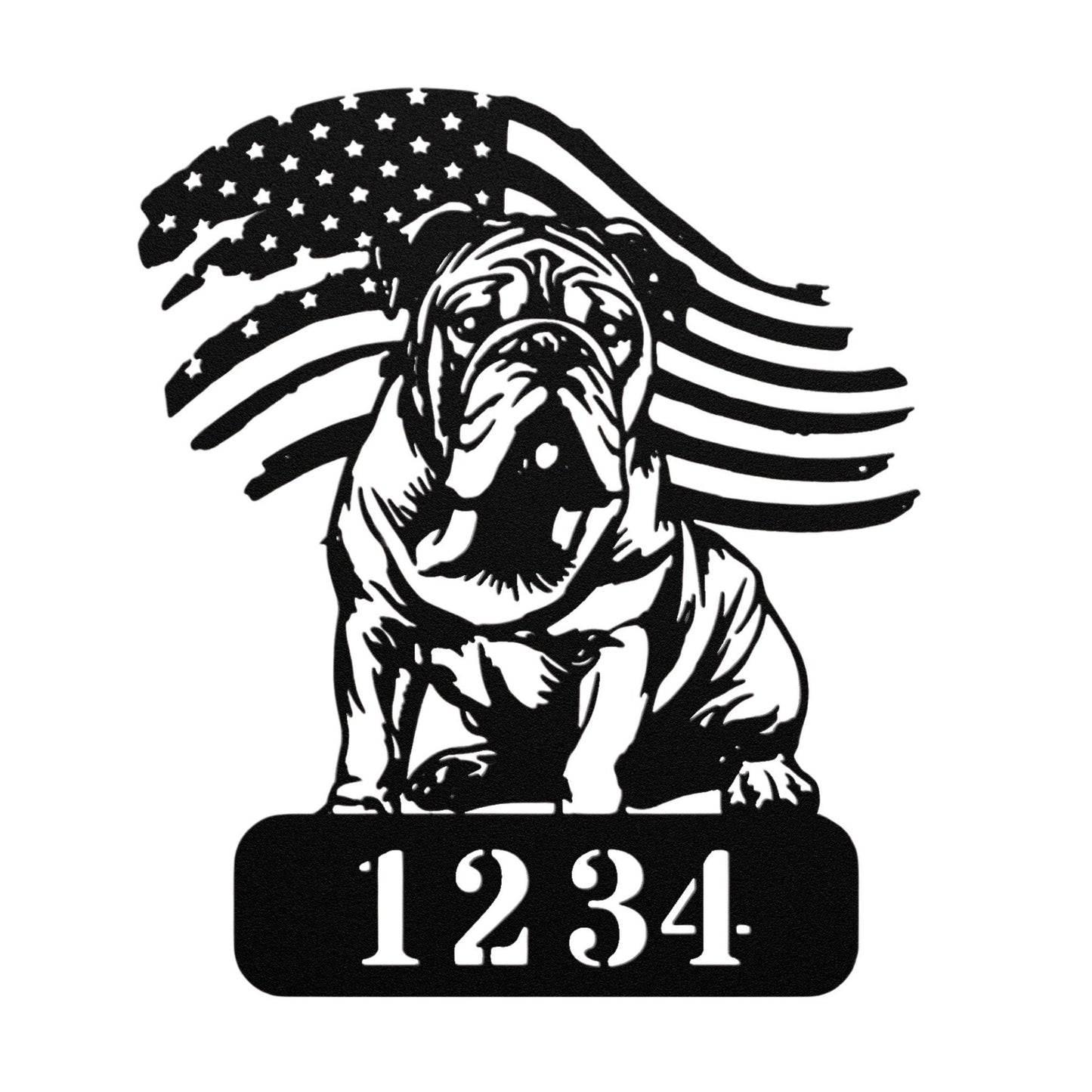 Custom English Bulldog Metal Address Sign – Patriotic American Flag Home Décor