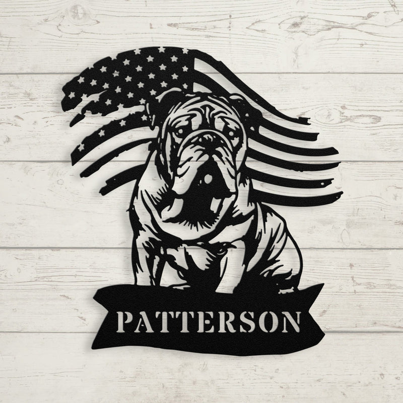 Custom English Bulldog Metal Name Sign – Patriotic American Flag Home Décor - BullyBellyMetal Sign