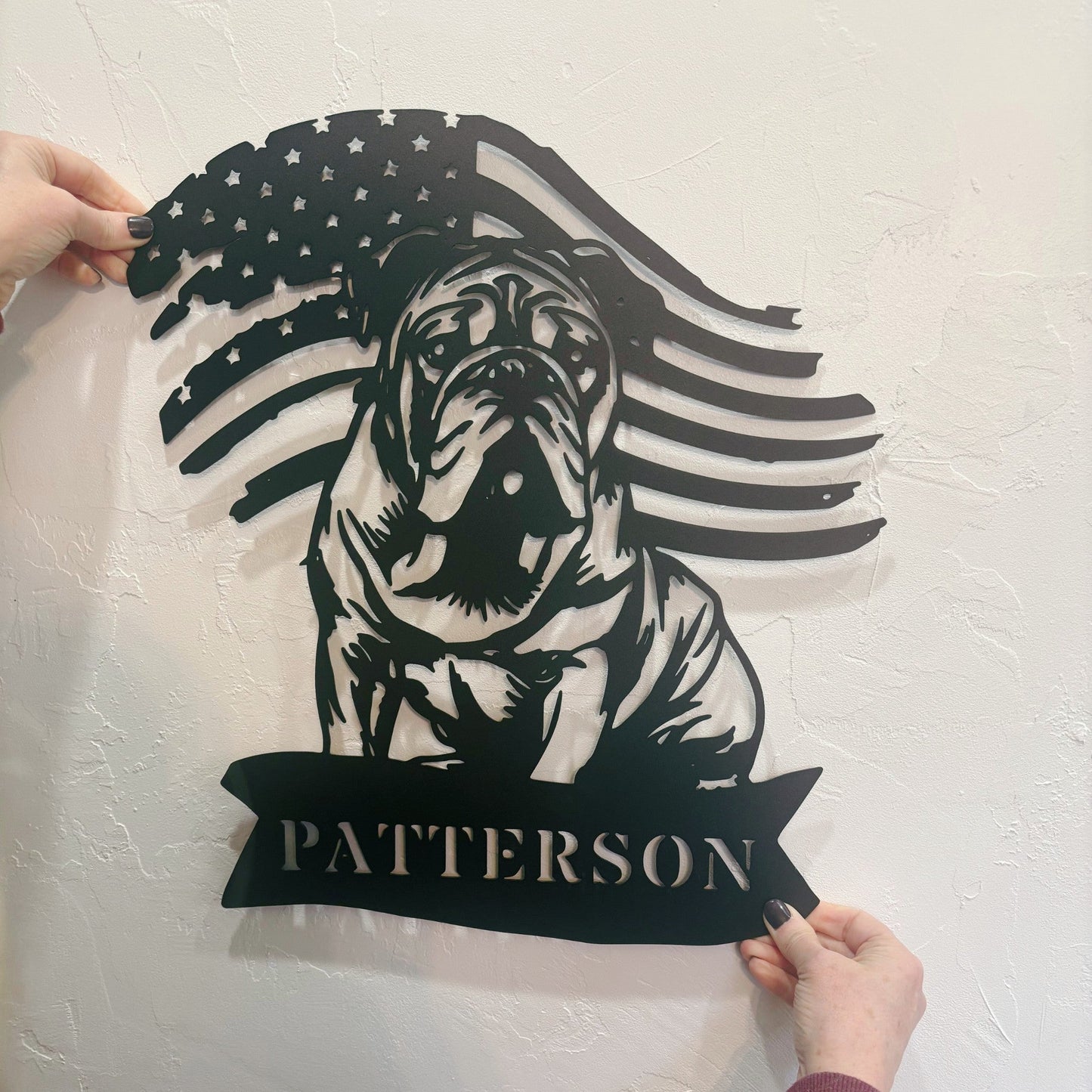 Custom English Bulldog Metal Name Sign – Patriotic American Flag Home Décor - BullyBellyMetal Sign