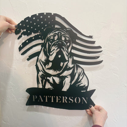 Custom English Bulldog Metal Name Sign – Patriotic American Flag Home Décor - BullyBellyMetal Sign