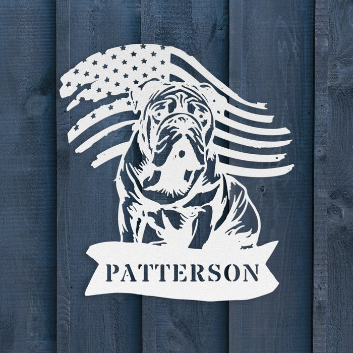 Custom English Bulldog Metal Name Sign – Patriotic American Flag Home Décor - BullyBellyMetal Sign