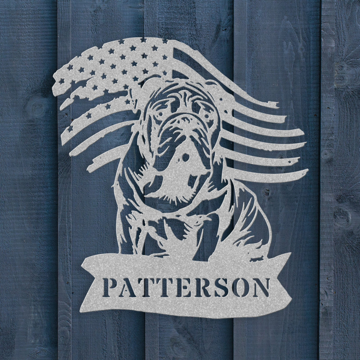 Custom English Bulldog Metal Name Sign – Patriotic American Flag Home Décor - BullyBellyMetal Sign