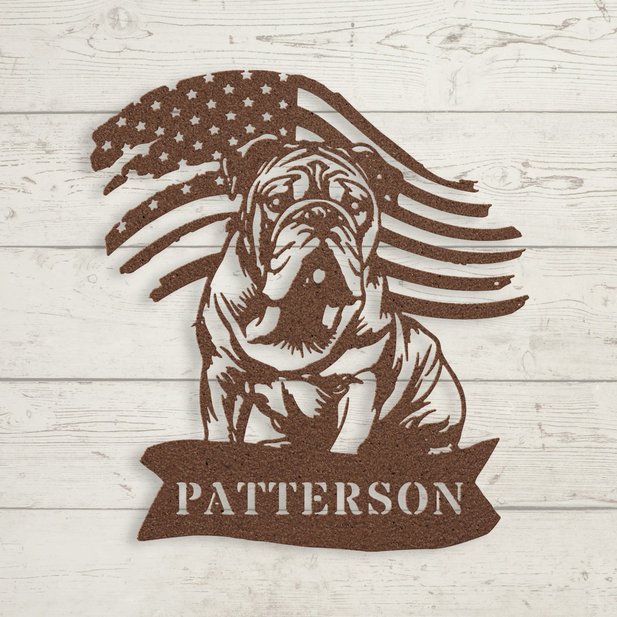 Custom English Bulldog Metal Name Sign – Patriotic American Flag Home Décor - BullyBellyMetal Sign