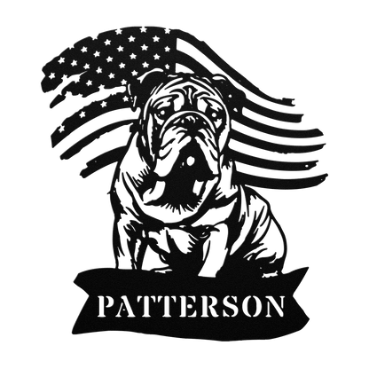 Custom English Bulldog Metal Name Sign – Patriotic American Flag Home Décor - BullyBellyMetal Sign
