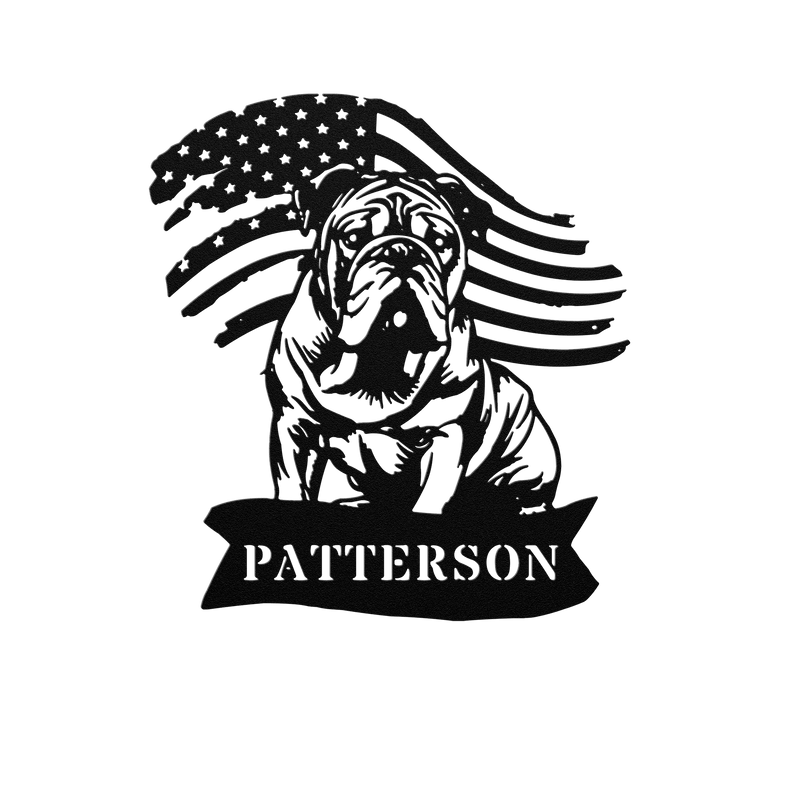 Custom English Bulldog Metal Name Sign – Patriotic American Flag Home Décor - BullyBellyMetal Sign