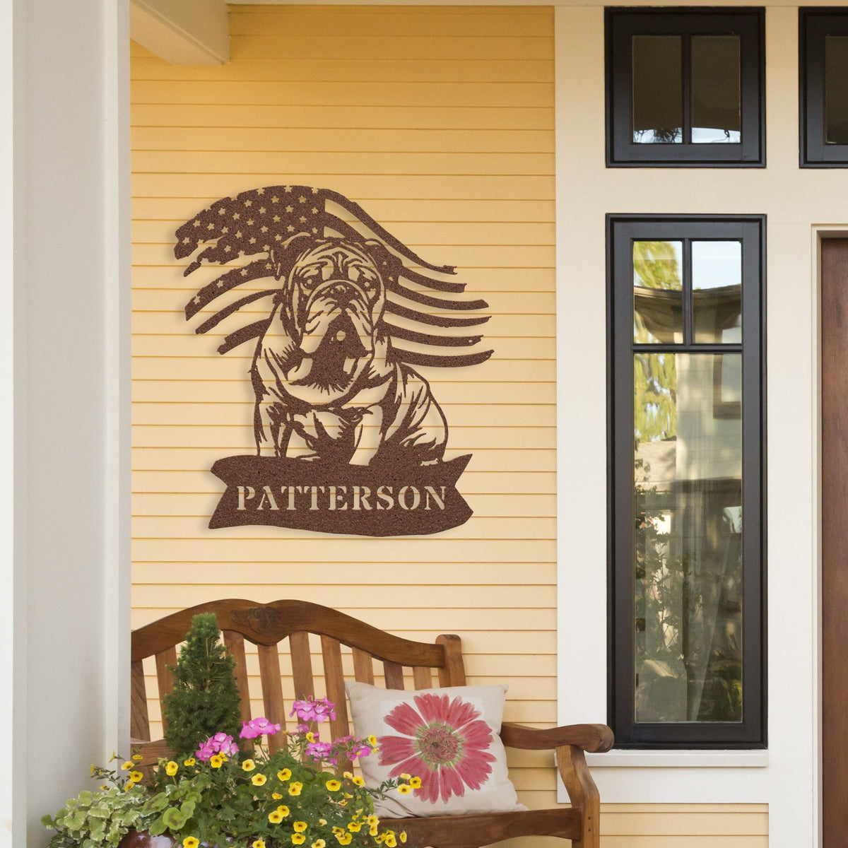 Custom English Bulldog Metal Name Sign – Patriotic American Flag Home Décor - BullyBellyMetal Sign