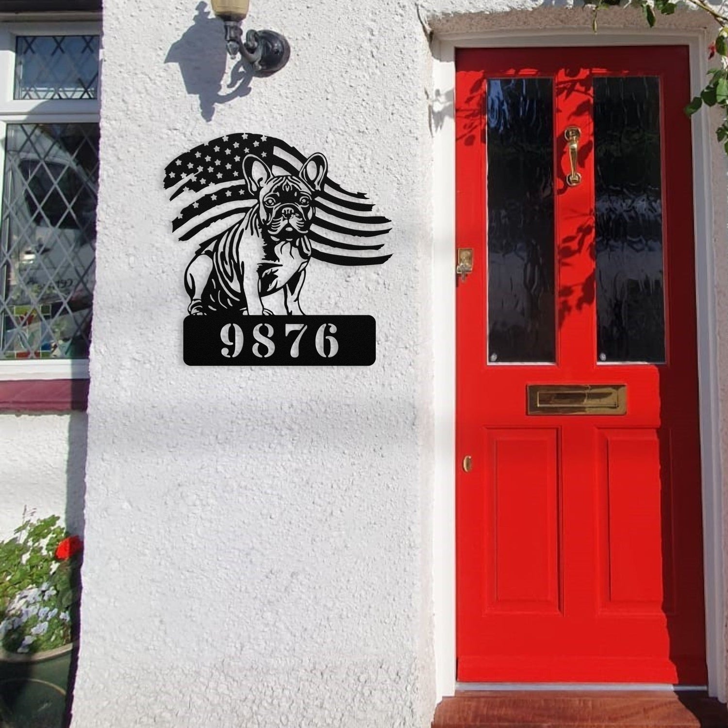 Custom French Bulldog Metal Address Sign – Patriotic American Flag Home Décor - BullyBellyMetal Sign