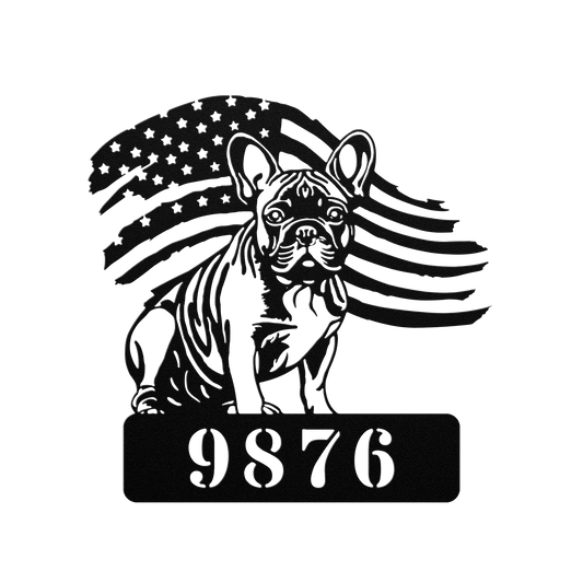 Custom French Bulldog Metal Address Sign – Patriotic American Flag Home Décor - BullyBellyMetal Sign