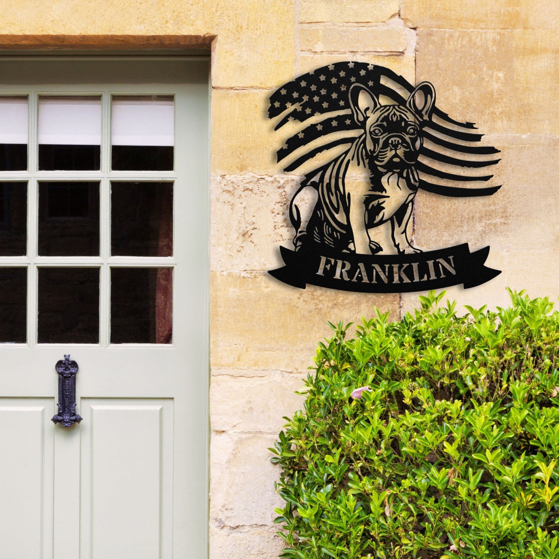 Custom French Bulldog Metal Name Sign – Patriotic American Flag Home Décor - BullyBellyMetal Sign