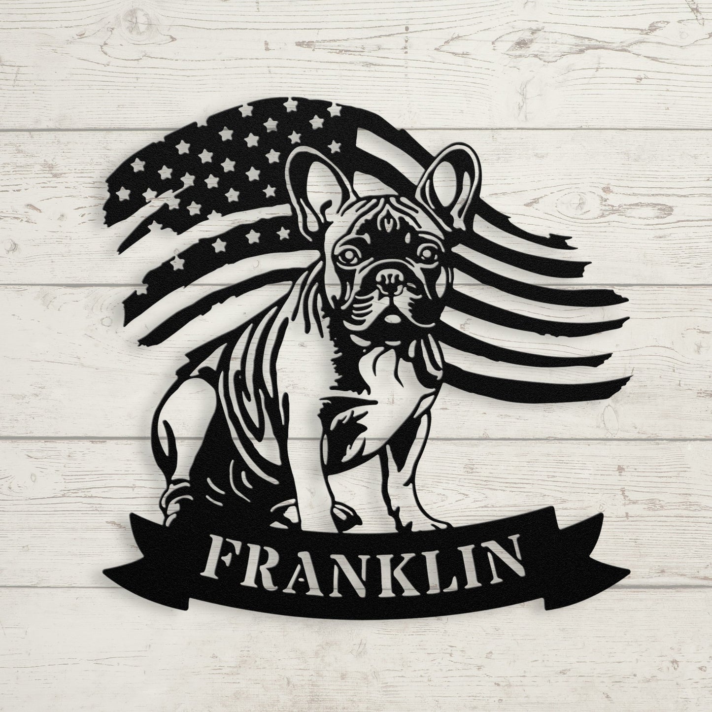 Custom French Bulldog Metal Name Sign – Patriotic American Flag Home Décor - BullyBellyMetal Sign