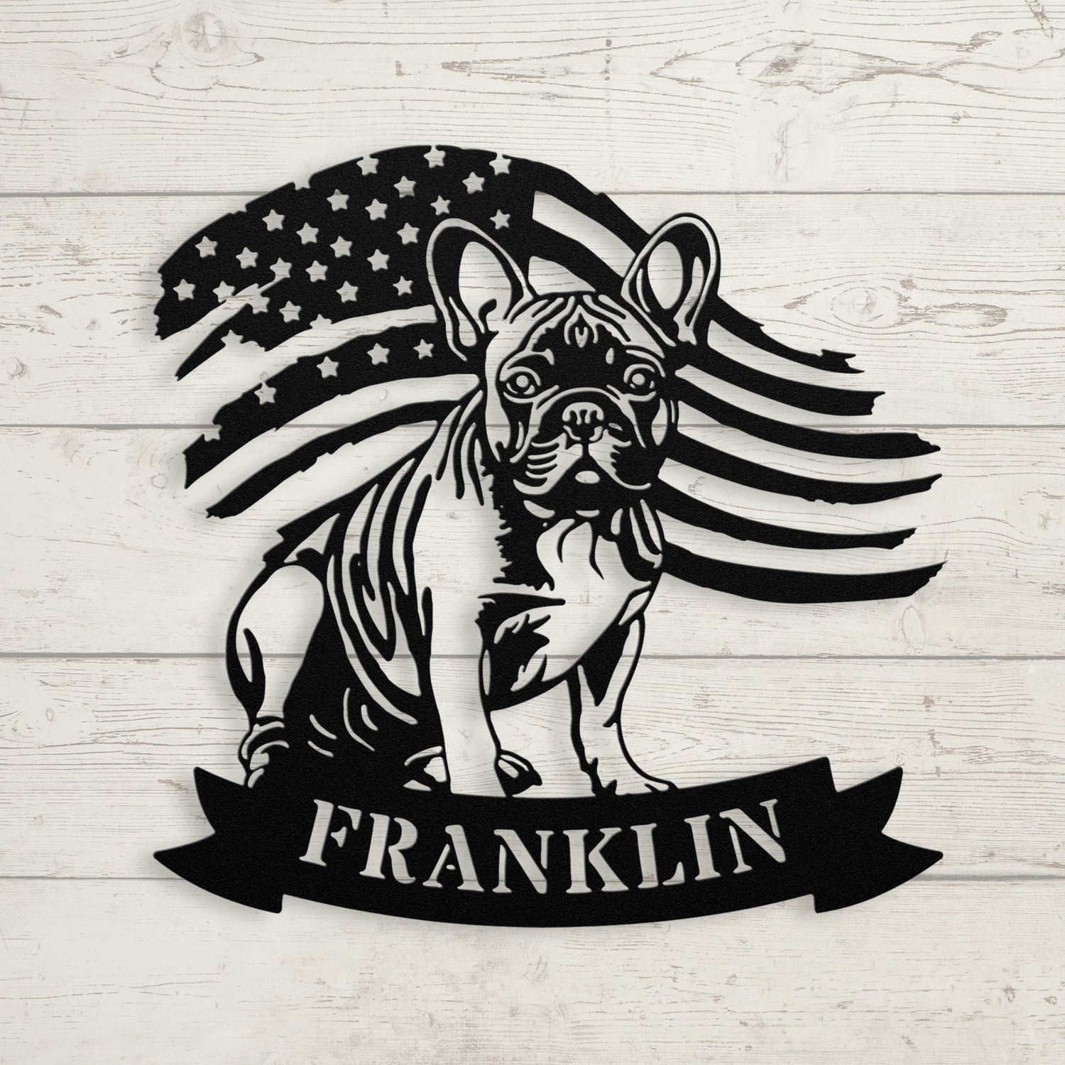 Custom French Bulldog Metal Name Sign – Patriotic American Flag Home Décor - BullyBellyMetal Sign