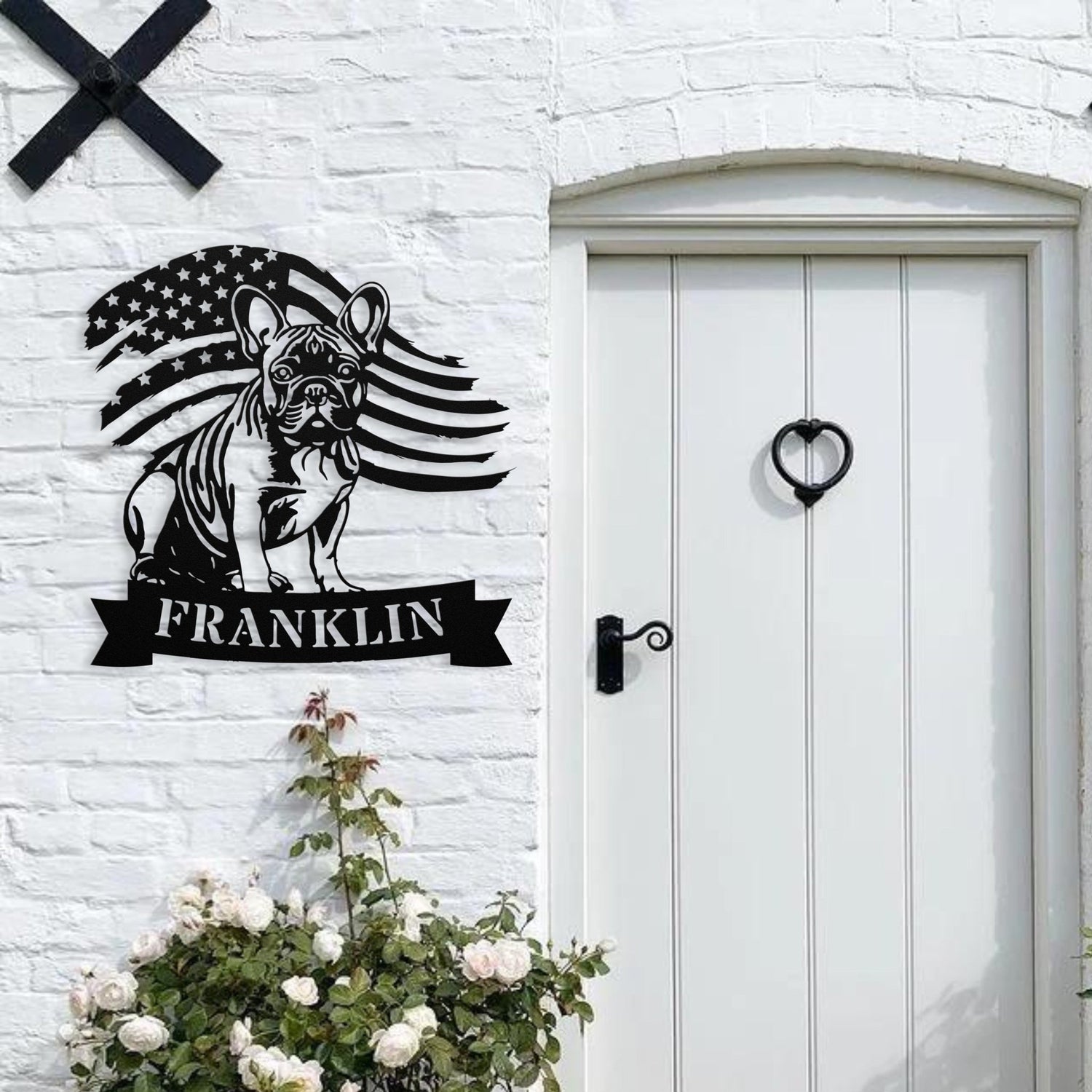 Custom French Bulldog Metal Name Sign – Patriotic American Flag Home Décor - BullyBellyMetal Sign