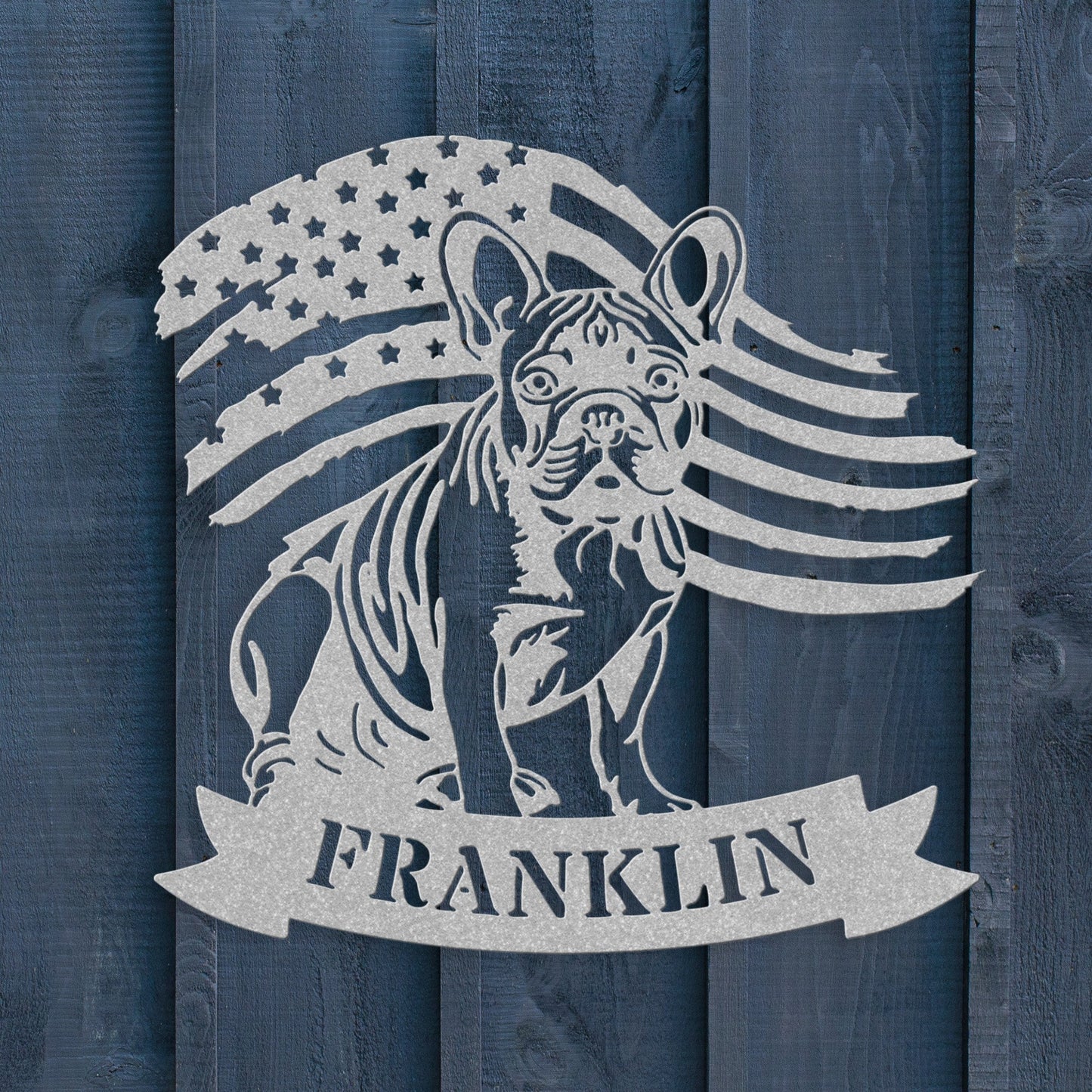 Custom French Bulldog Metal Name Sign – Patriotic American Flag Home Décor - BullyBellyMetal Sign