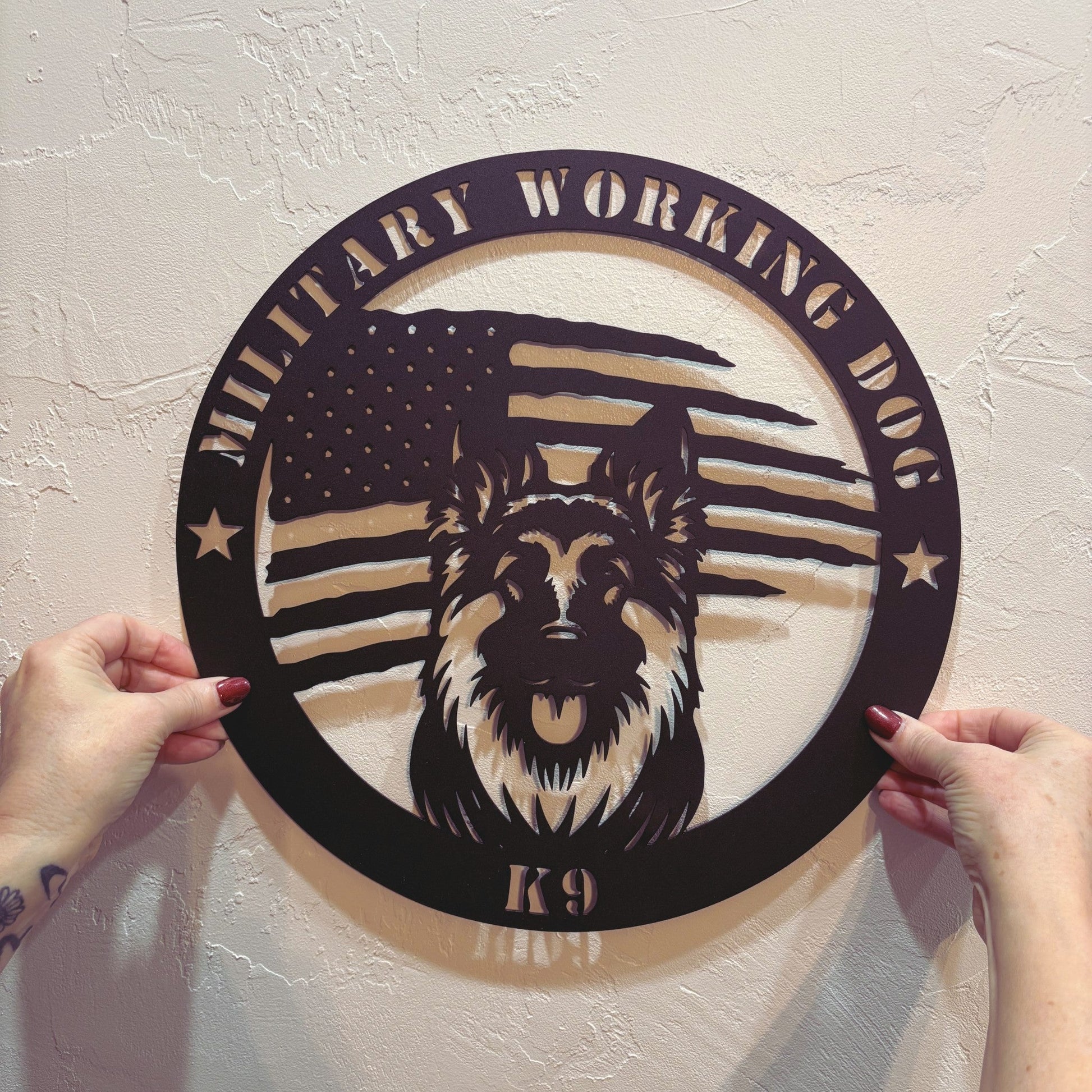 Custom German Shepherd Flag Sign: A Tribute to K9 Handlers - BullyBellyMetal Sign