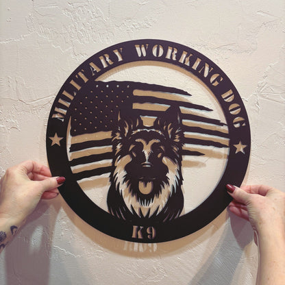 Custom German Shepherd Flag Sign: A Tribute to K9 Handlers - BullyBellyMetal Sign