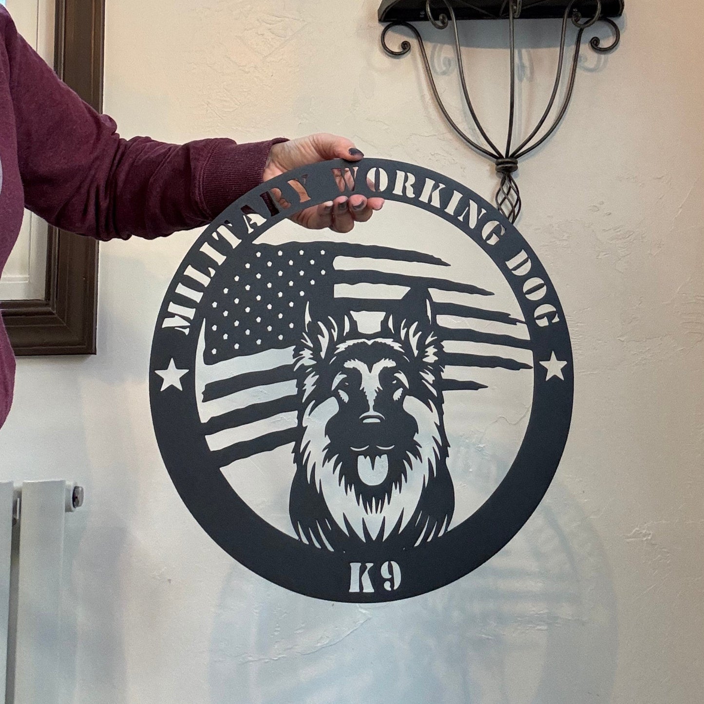 Custom German Shepherd Flag Sign: A Tribute to K9 Handlers - BullyBellyMetal Sign