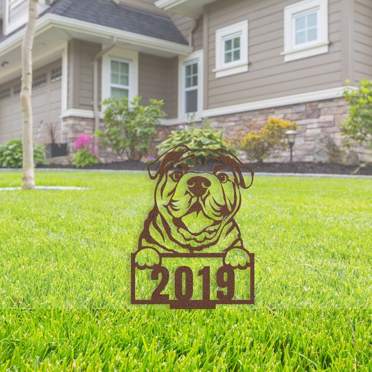 Cute English Bulldog Metal Lawn Sign - BullyBellyLawn Art