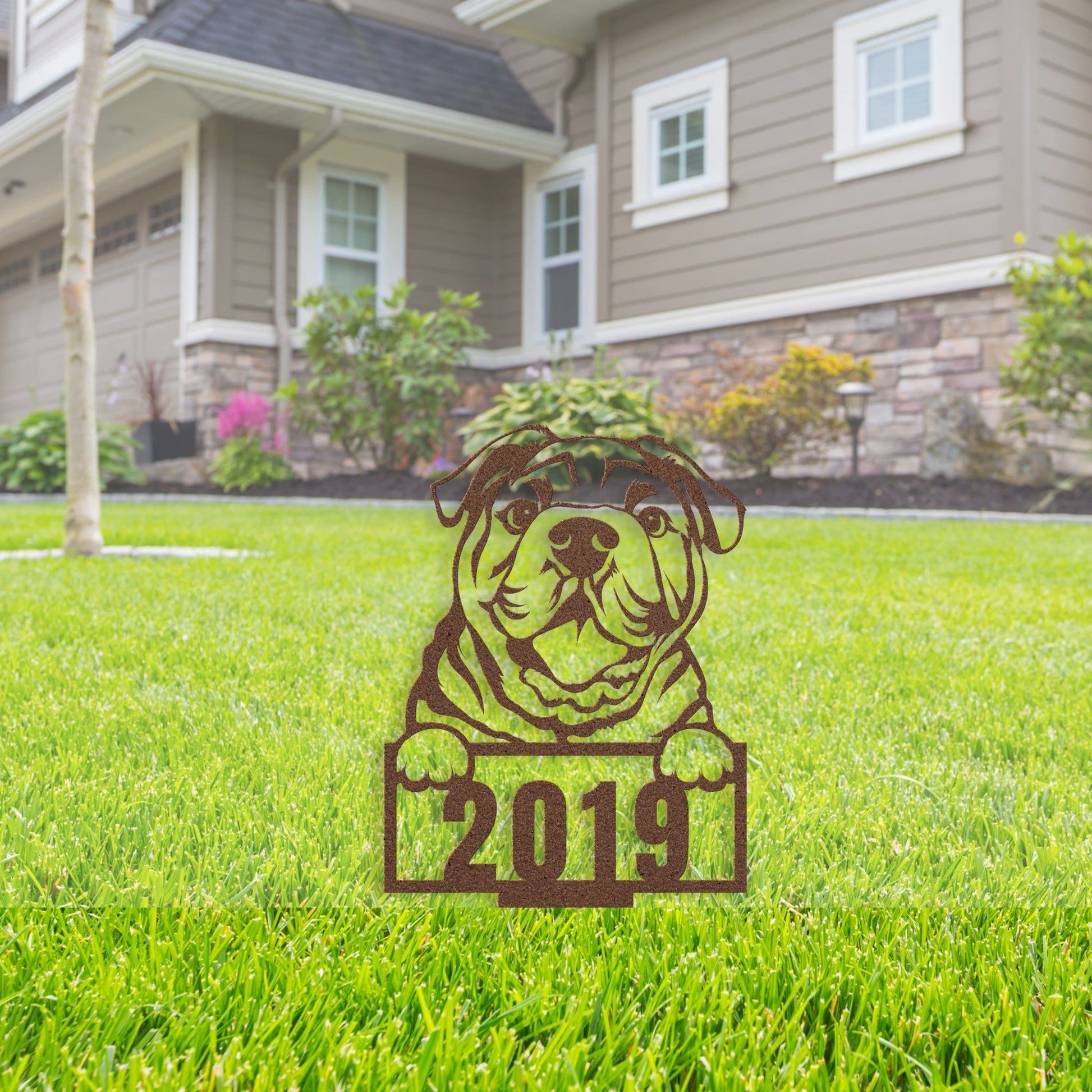 Cute English Bulldog Metal Lawn Sign - BullyBellyMetal Sign
