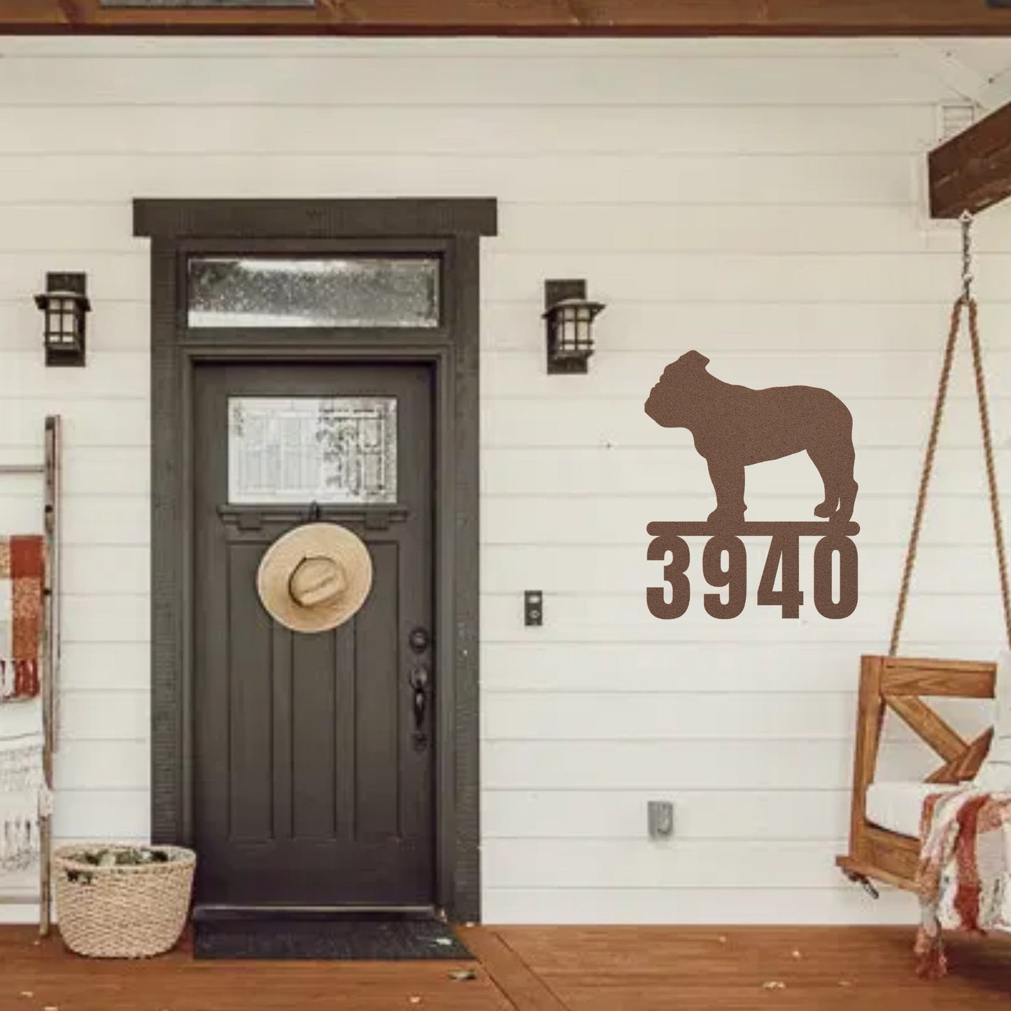 Destination English Bulldog Home Metal House Number Sign hanging next to front door