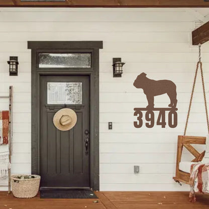 Destination English Bulldog Home Metal House Number Sign hanging next to front door