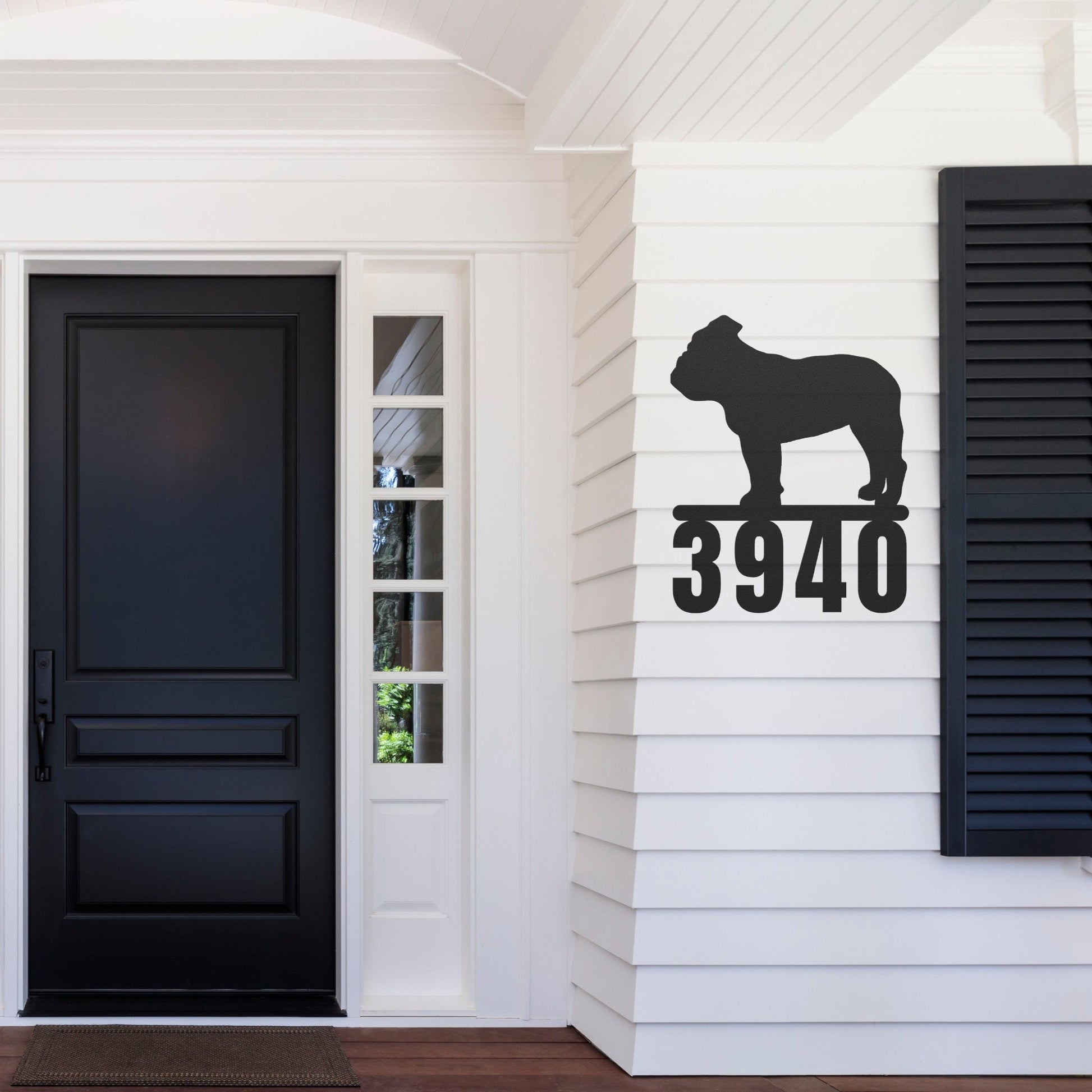 Destination English Bulldog Home Metal House Number Sign hanging next to front door