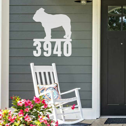 Destination English Bulldog Home Metal House Number Sign hanging next to front door on porch