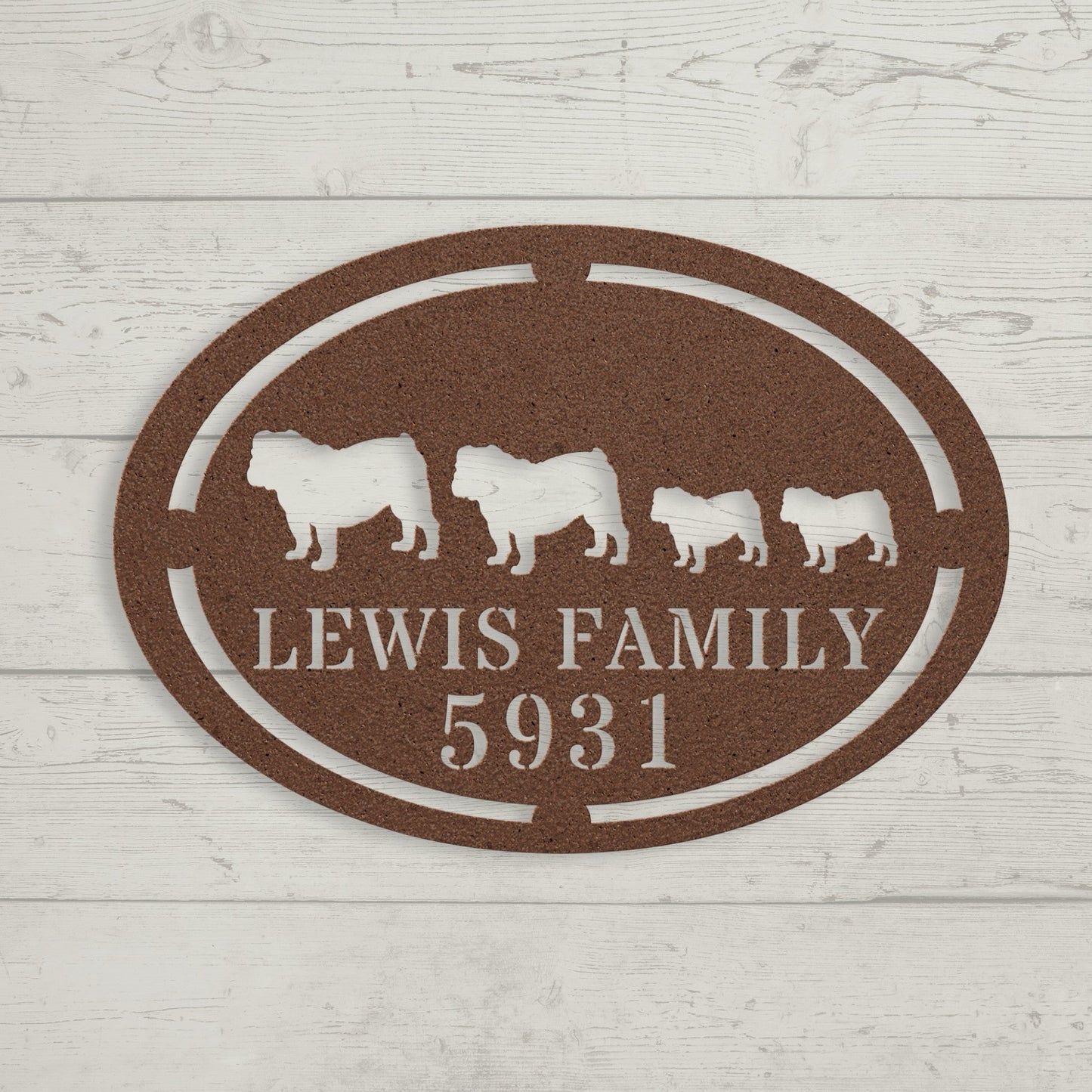 English Bulldog Family Name and House Number Metal Sign - BullyBellyMetal Sign