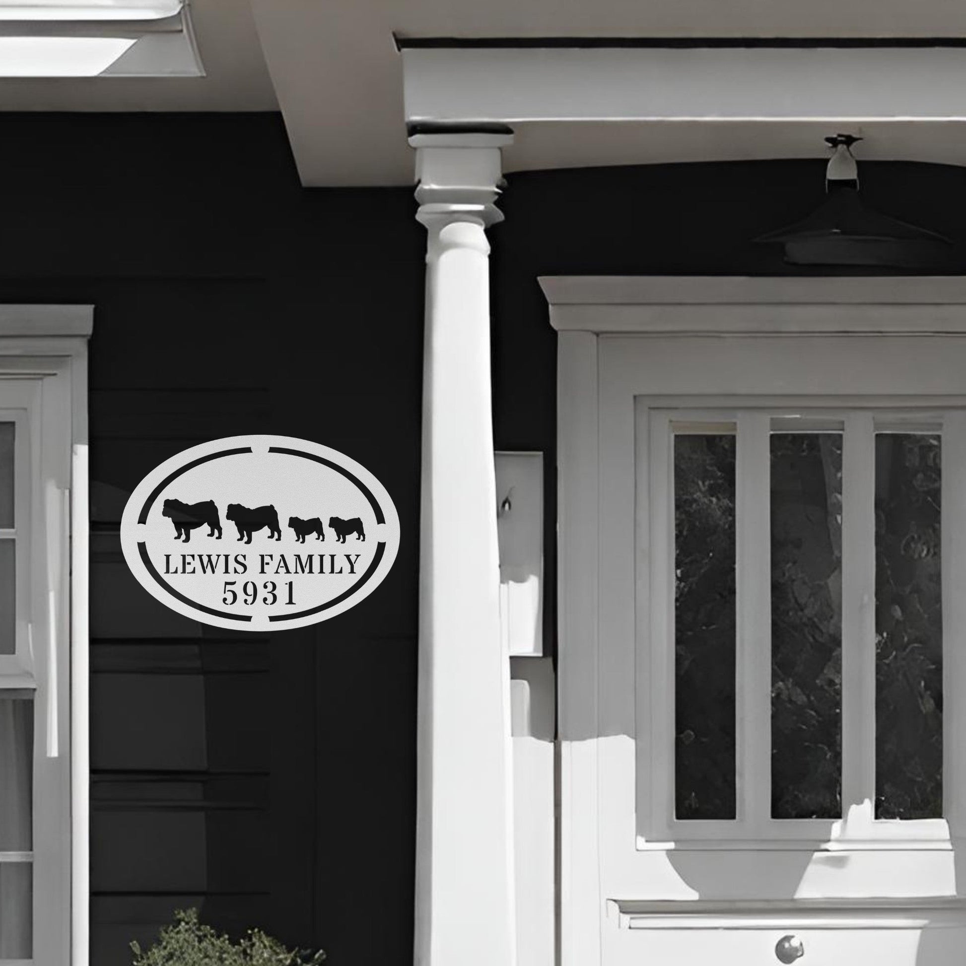 English Bulldog Family Name and House Number Metal Sign - BullyBellyMetal Sign