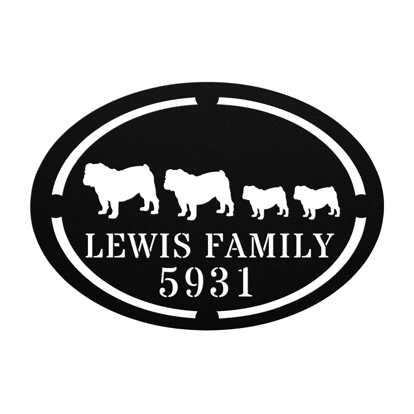 English Bulldog Family Name and House Number Metal Sign - BullyBellyMetal Sign