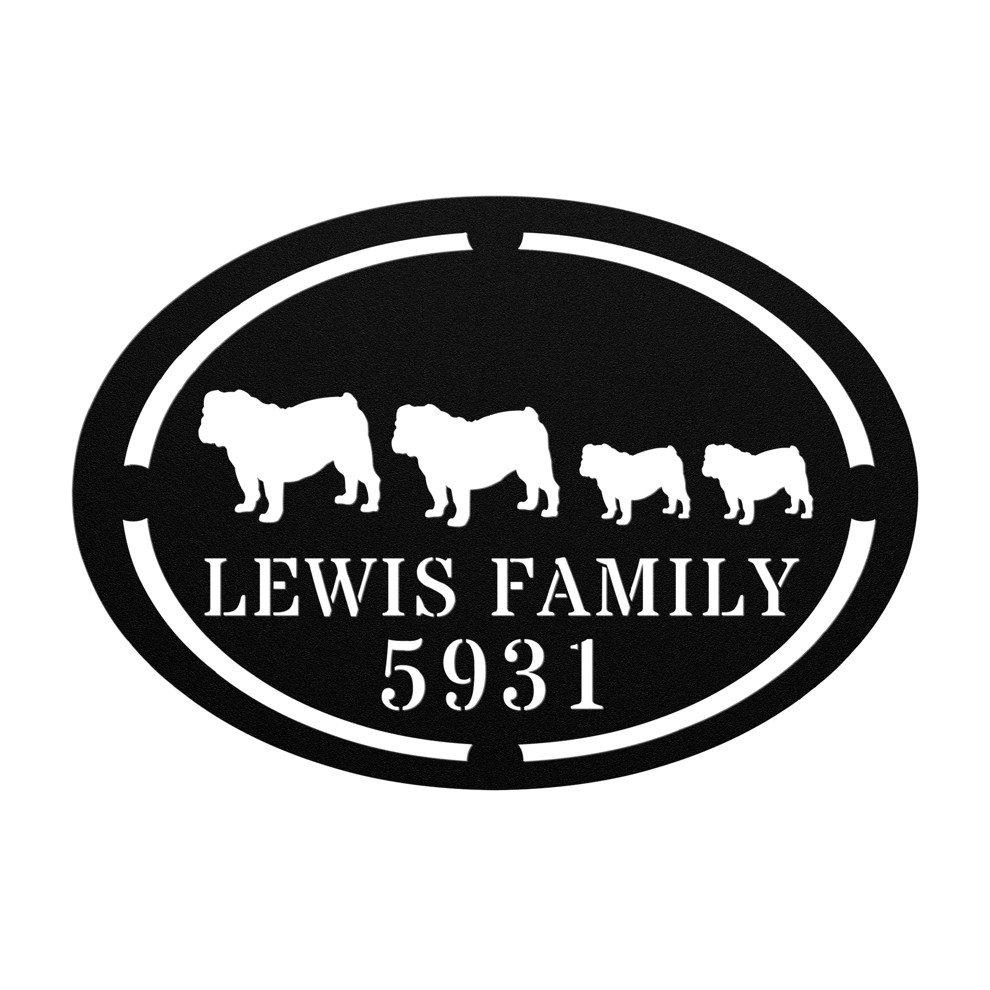 English Bulldog Family Name and House Number Metal Sign - BullyBellyMetal Sign