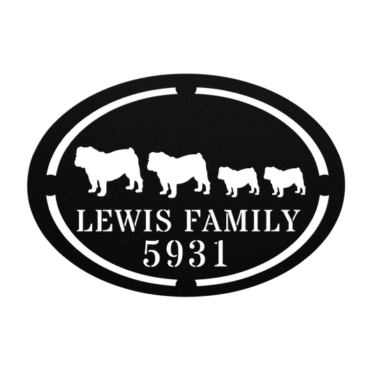 English Bulldog Family Name and House Number Metal Sign - BullyBellyMetal Sign
