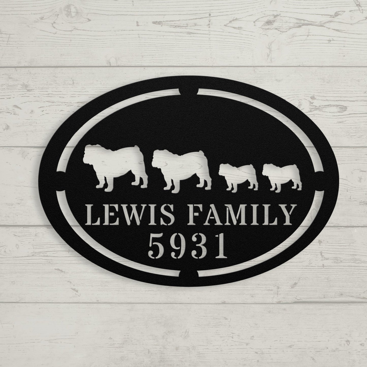 English Bulldog Family Name and House Number Metal Sign - BullyBellyMetal Sign