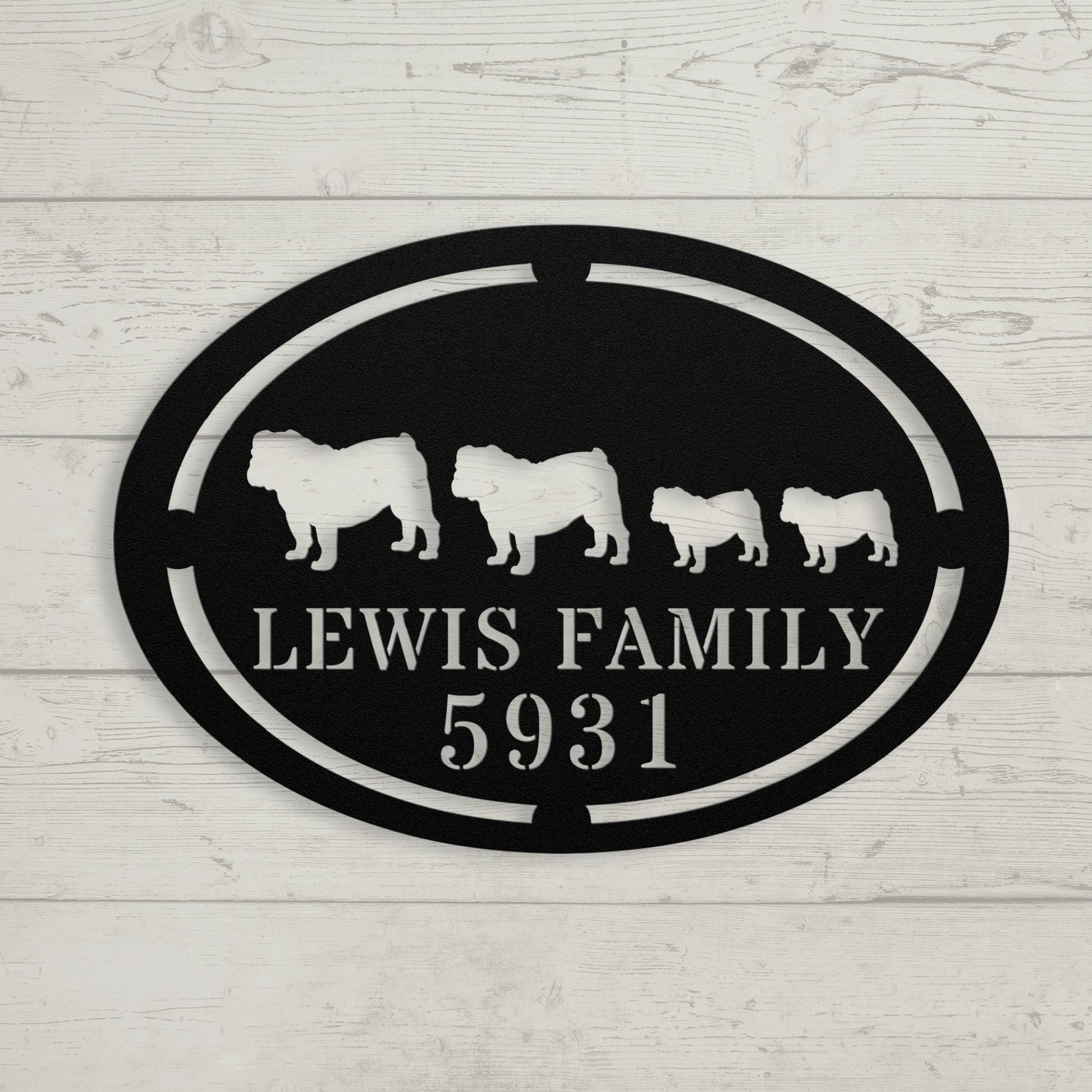 English Bulldog Family Name and House Number Metal Sign - BullyBellyMetal Sign