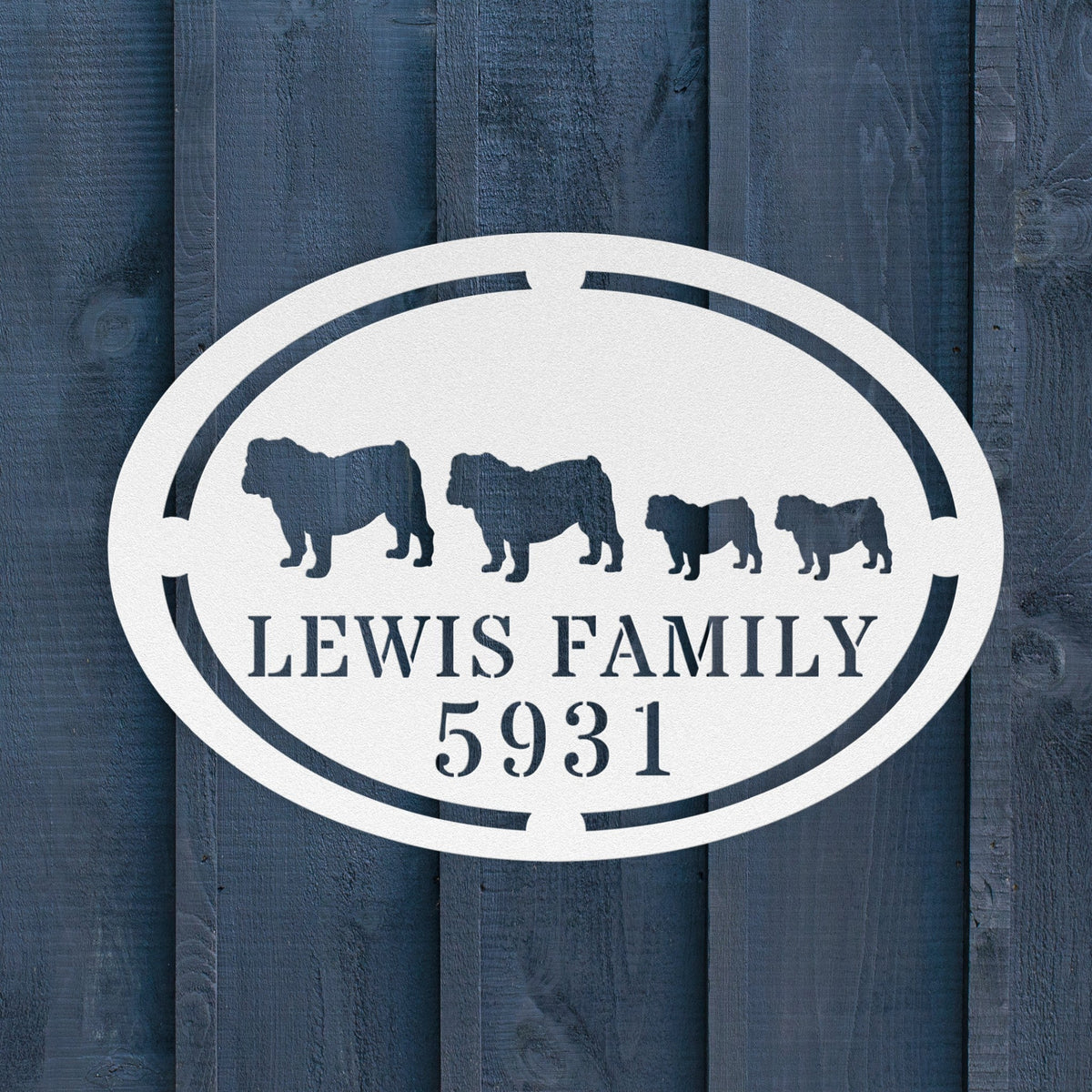 English Bulldog Family Name and House Number Metal Sign - BullyBellyMetal Sign