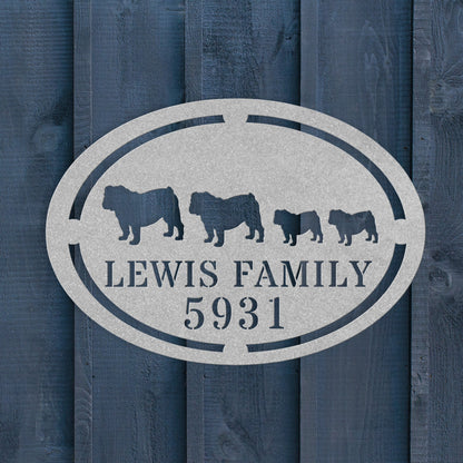 English Bulldog Family Name and House Number Metal Sign - BullyBellyMetal Sign