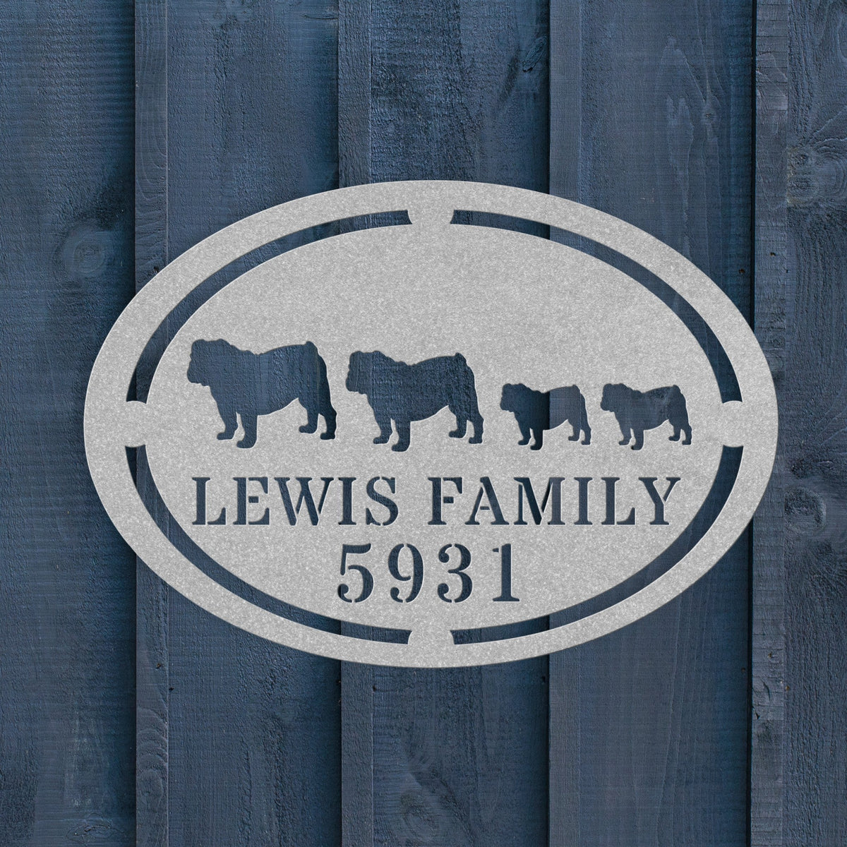 English Bulldog Family Name and House Number Metal Sign - BullyBellyMetal Sign