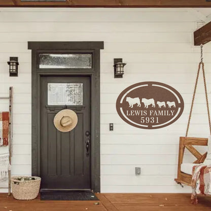 English Bulldog Family Name and House Number Metal Sign - BullyBellyMetal Sign