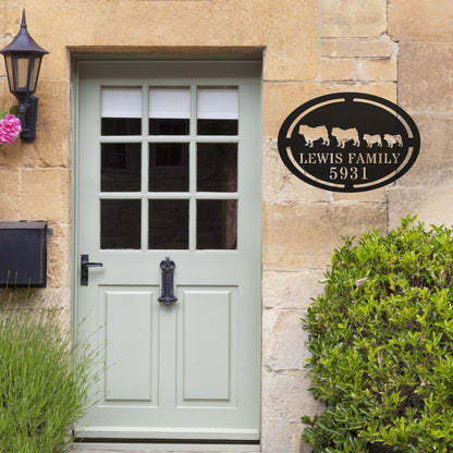 English Bulldog Family Name and House Number Metal Sign - BullyBellyMetal Sign