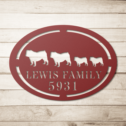 English Bulldog Family Name and House Number Metal Sign - BullyBellyMetal Sign