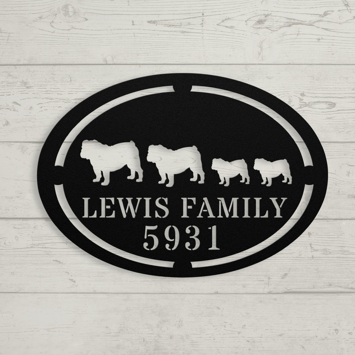 English Bulldog Family Name and House Number Metal Sign - BullyBellyMetal Sign