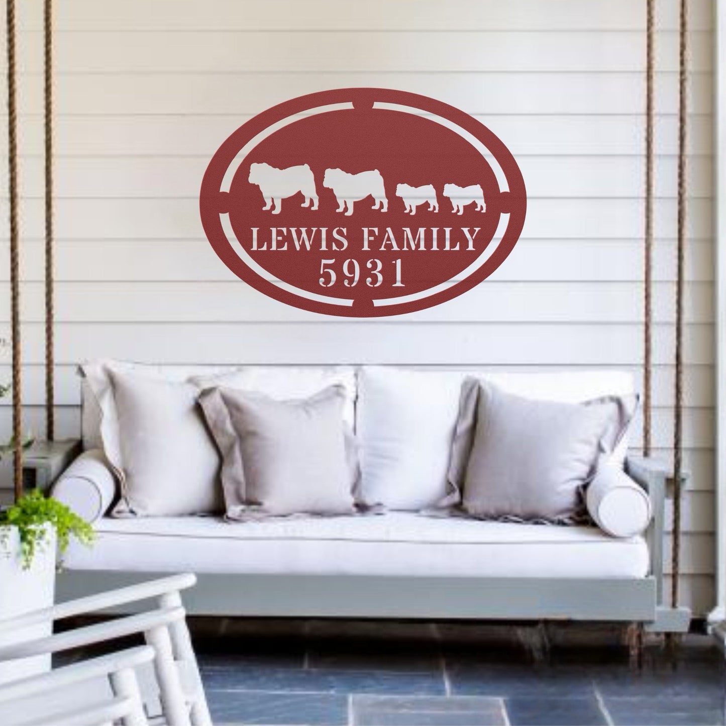 English Bulldog Family Name and House Number Metal Sign - BullyBellyMetal Sign