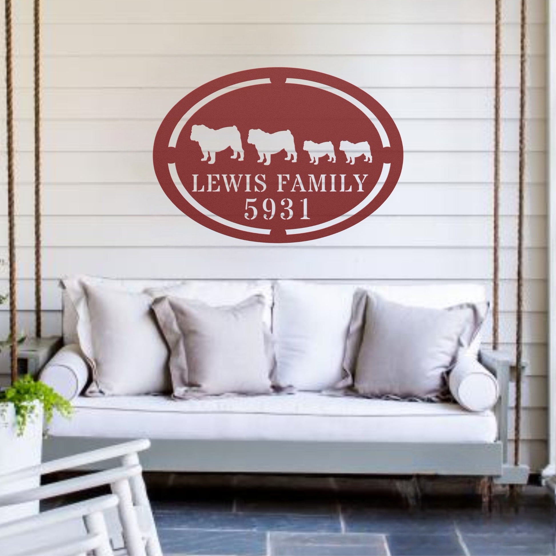 English Bulldog Family Name and House Number Metal Sign - BullyBellyMetal Sign