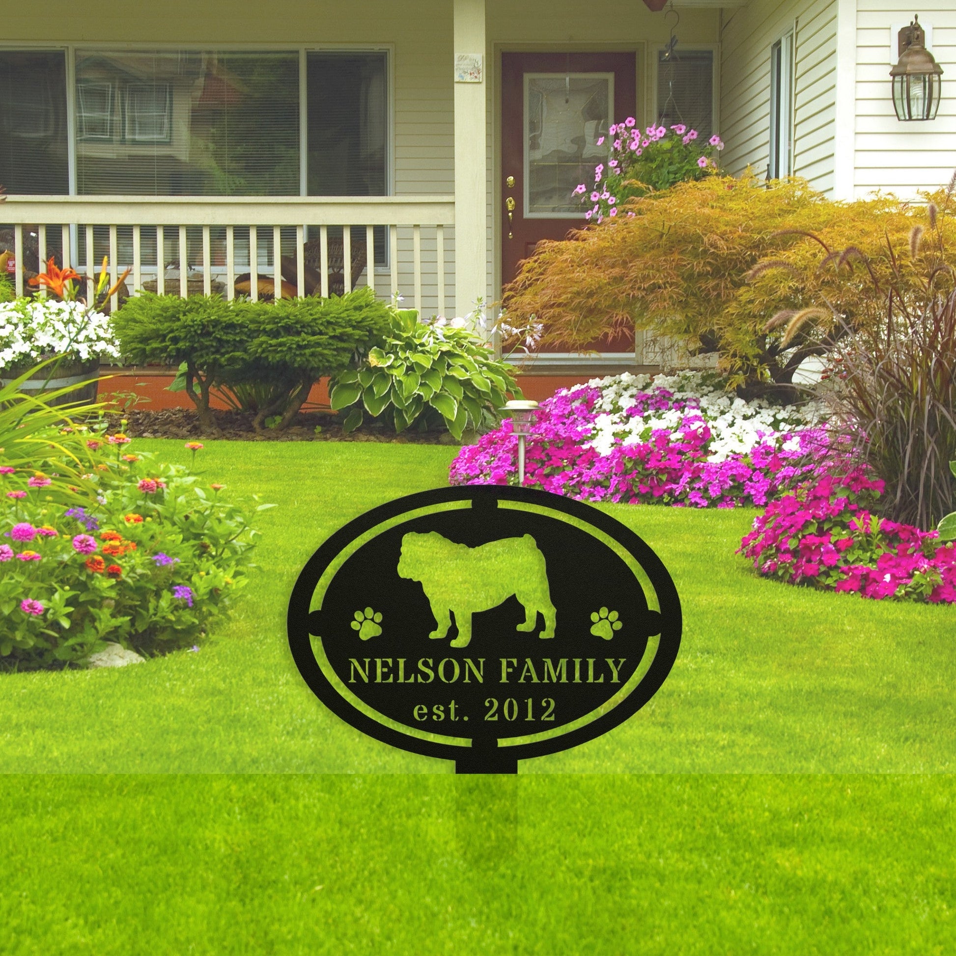 English Bulldog Family Yard Sign - BullyBellyMetal Sign