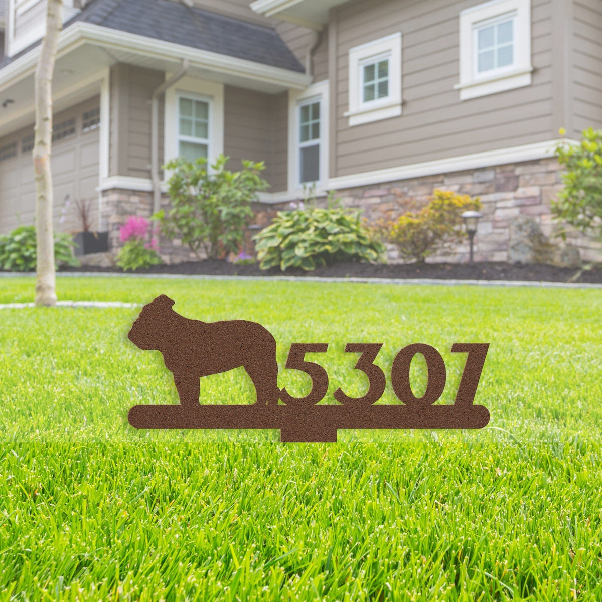 English Bulldog House Number Lawn Sign - BullyBellyLawn Art