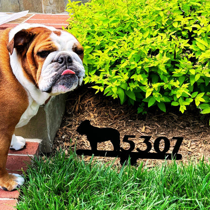English Bulldog House Number Lawn Sign - BullyBellyMetal Sign
