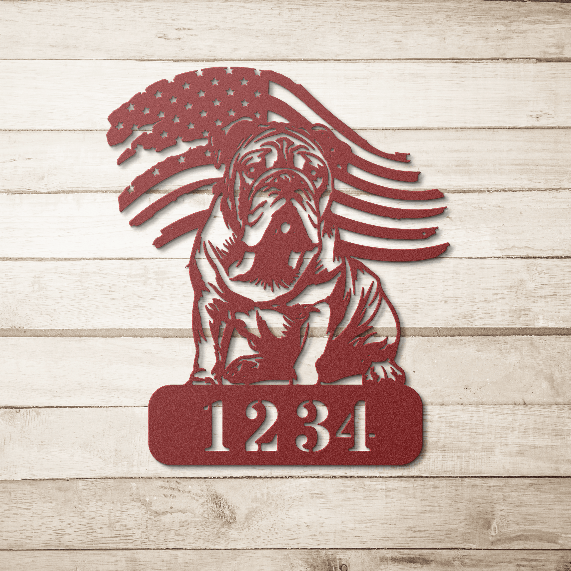 English Bulldog Metal Address Sign – Patriotic American Flag Home Décor - BullyBellyMetal Sign