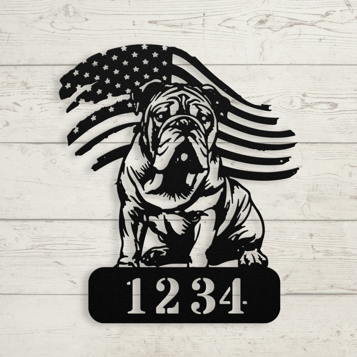 English Bulldog Metal Address Sign – Patriotic American Flag Home Décor - BullyBellyMetal Sign