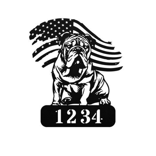 English Bulldog Metal Address Sign – Patriotic American Flag Home Décor - BullyBellyMetal Sign