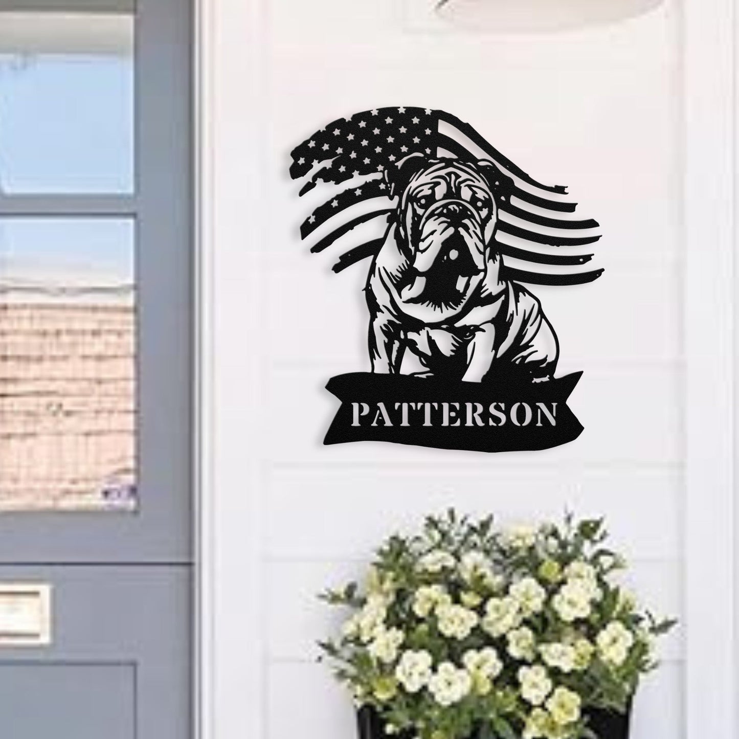 English Bulldog Metal Name Sign – Patriotic American Flag Home Décor - BullyBellyMetal Sign
